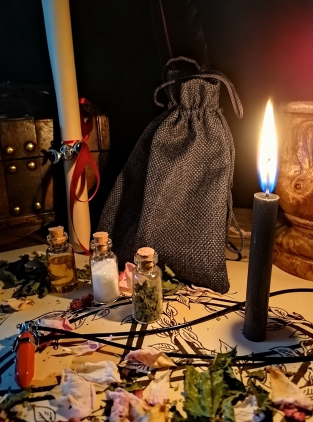 Illustrative scene for Banishment Ritual with a candle, dried plants and small glass vials, adapted from the shared ritual setting.