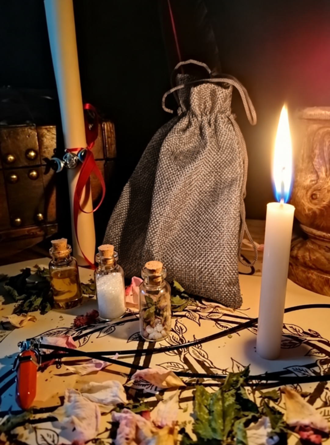 Illustrative scene for Remove Black Magic Curse with a candle, dried plants and small glass vials, adapted from the shared ritual setting.