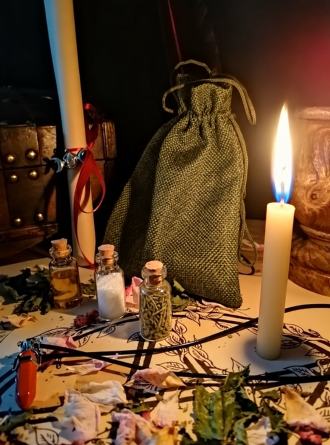 Illustrative scene for Protection Spell with a candle, dried plants and small glass vials, adapted from the shared ritual setting.